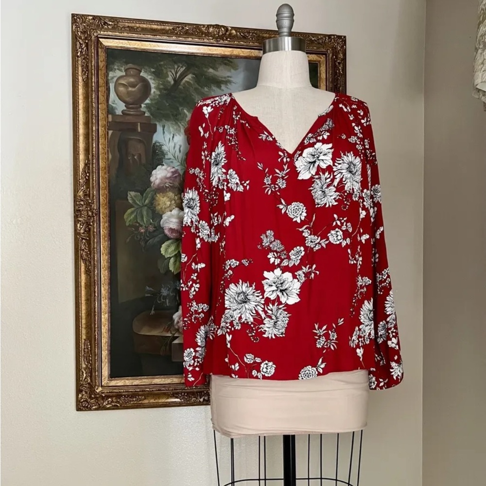Karen Kane Floral Blouse Red with White Flowers